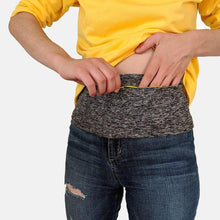 Load image into Gallery viewer, gray heathered insulin pump belt with person reaching into hidden zipper pocket
